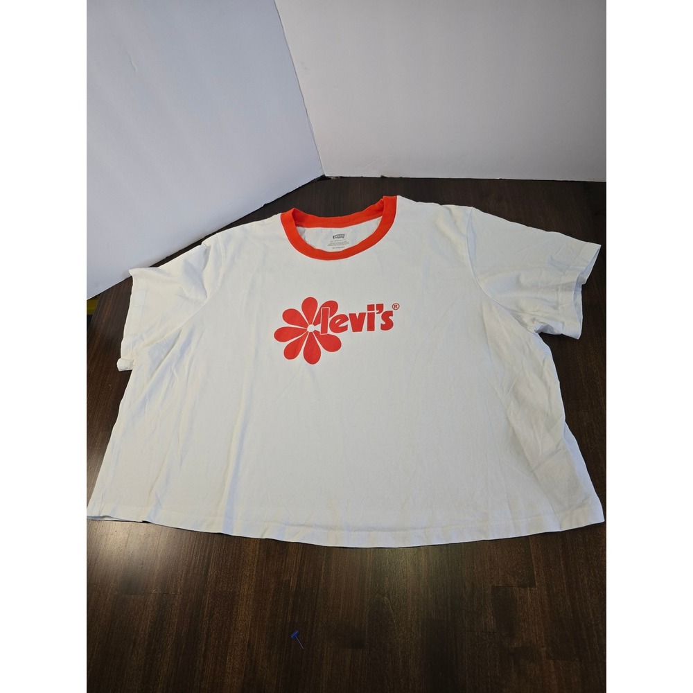 Levis Womens 2X Ringer T-Shirt White Orange Daisy Logo Cropped Graphic Tee